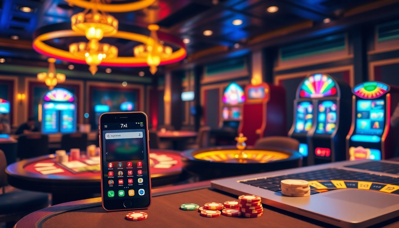 התחושה המרגשת של 7xl להורדה עם חזות צבעונית של שולחנות פוקר, גלגלי רולטה וממשקי משחק.