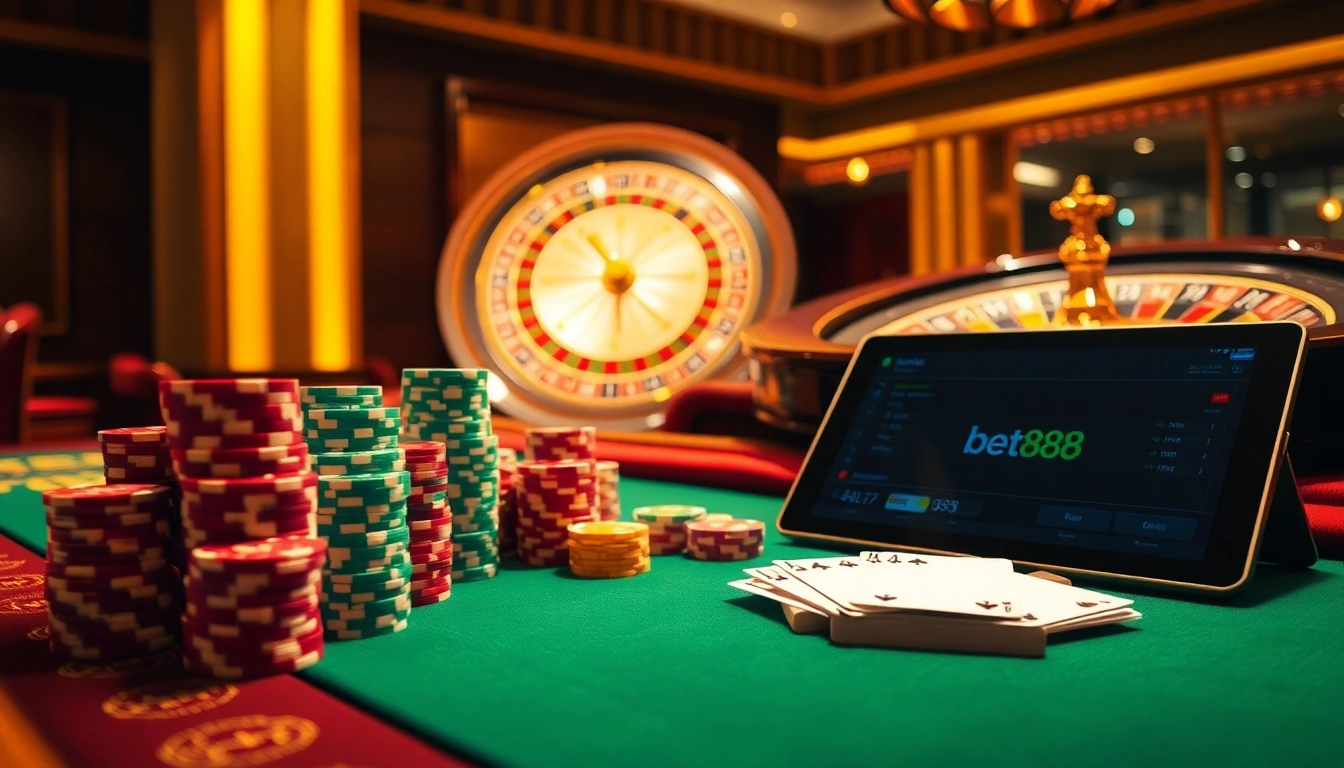 Experience the thrill of bet888 gaming at a luxurious casino table with vibrant poker chips.