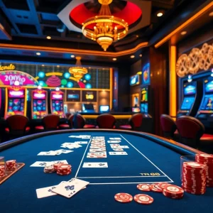 Action-packed gaming at Nhà cái TR88 featuring a stylish poker table and dynamic slot machines.