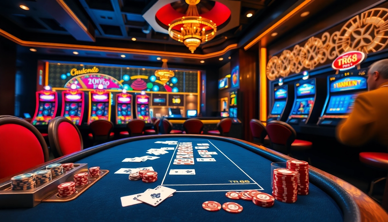 Action-packed gaming at Nhà cái TR88 featuring a stylish poker table and dynamic slot machines.