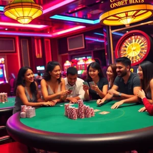 Play exciting games at ONBET with vibrant casino tables and joyful players.
