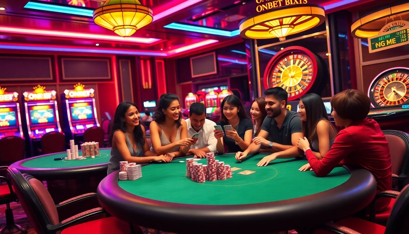Play exciting games at ONBET with vibrant casino tables and joyful players.