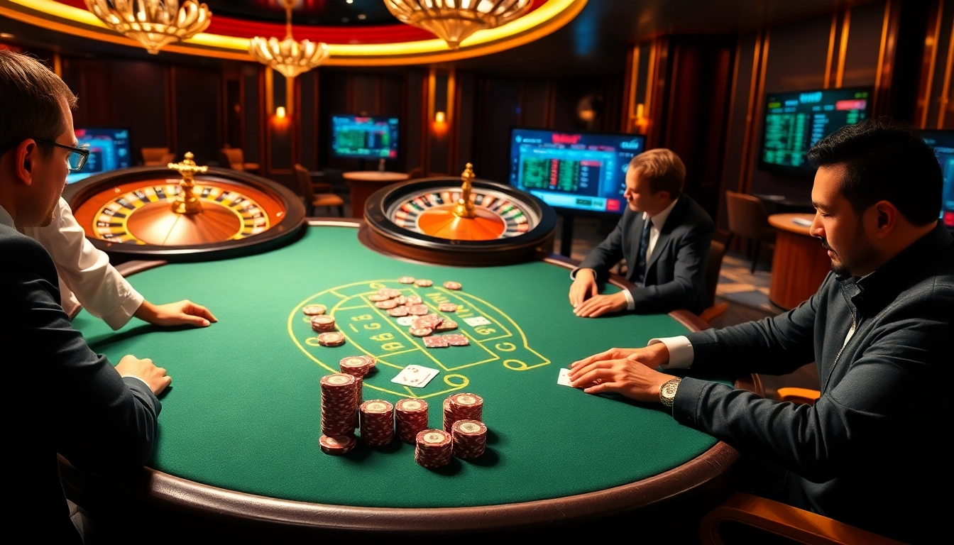 Engage with high-stakes poker at jun88 com's luxurious casino, showcasing colorful chips and intense gameplay.