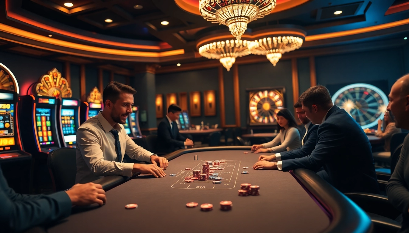 Players experiencing high-stakes excitement at Man88's elegant poker table and vibrant slot machines.