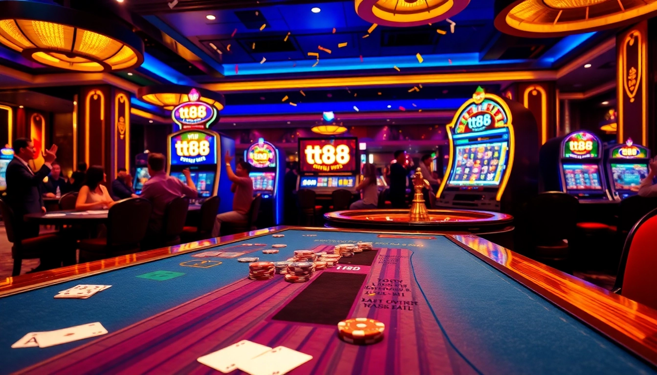 Experience the thrill of tt88 nổ hũ gameplay at a vibrant casino with colorful slot machines.