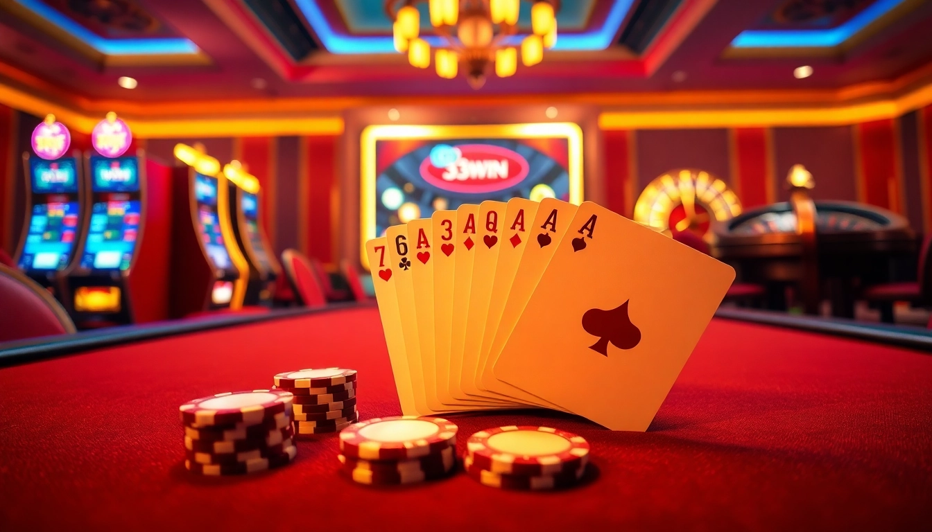 33WIN poker table scene with vibrant chips and inviting ambiance.