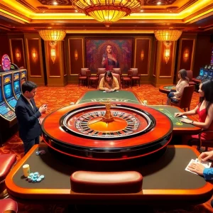 Experience excitement at https://www.6l777.club/ with a vibrant casino scene featuring tables and slot machines.