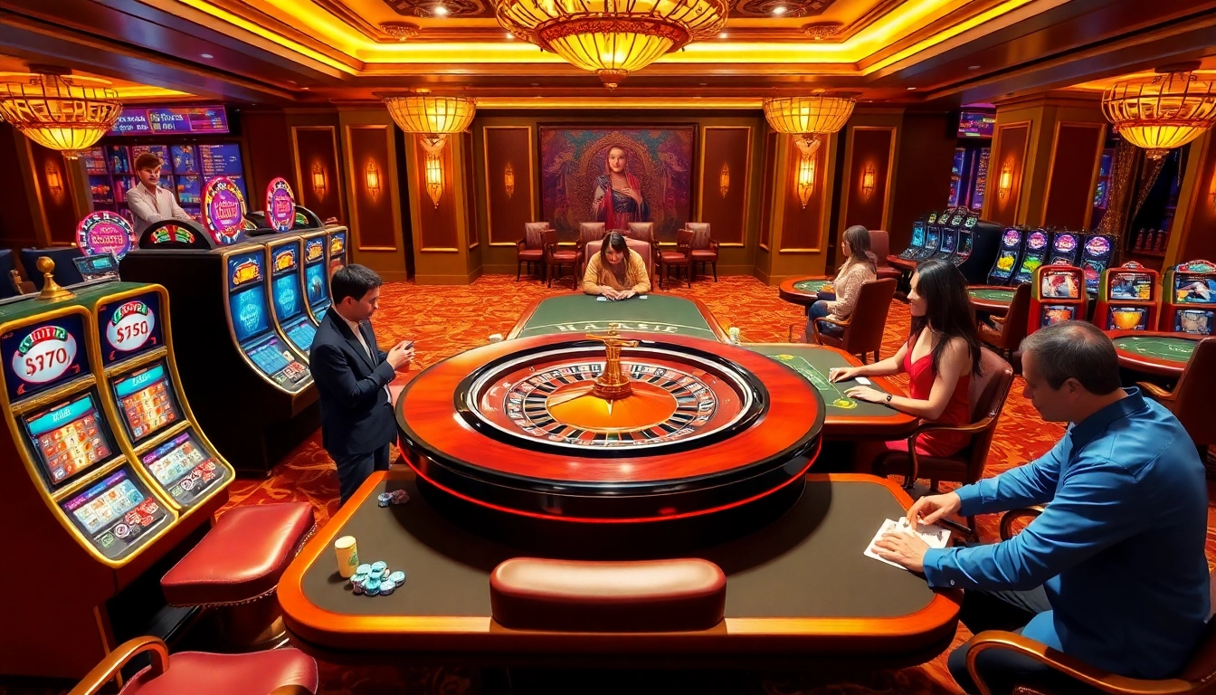 Experience excitement at https://www.6l777.club/ with a vibrant casino scene featuring tables and slot machines.