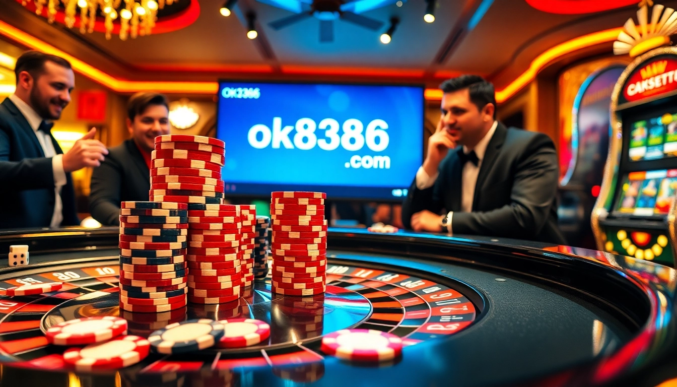 Winning players enjoying games at ok8386 com casino with vibrant chips and a roulette table.