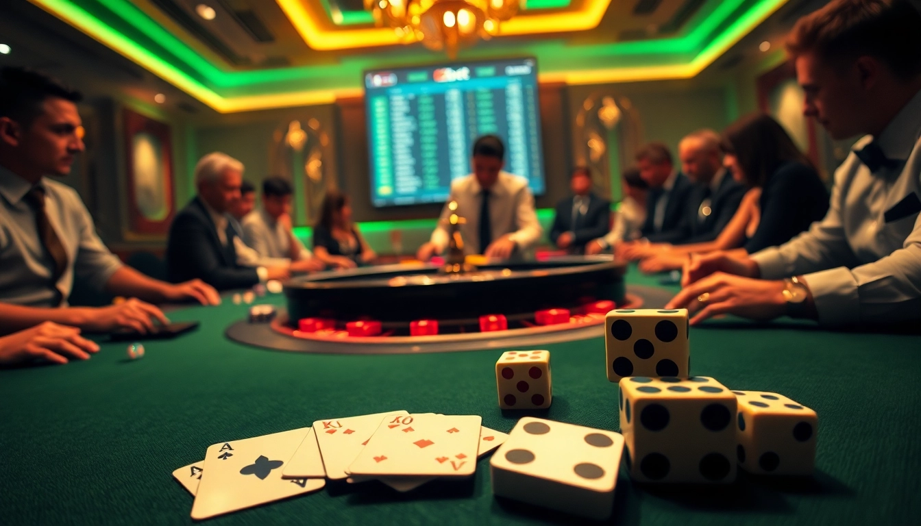 Players enjoying thrilling e2bets games at an exciting casino scene with roulette and poker elements.