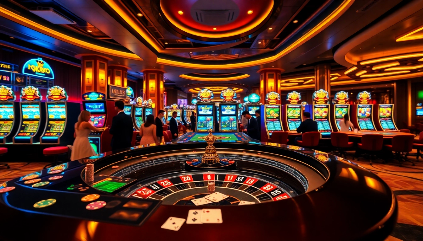 JILI's online casino with vibrant slot machines and a roulette table showcasing high-stakes gaming.