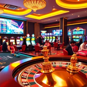 Players engaging with exciting games at F8bet's luxurious casino setting with roulette, poker, and slots.