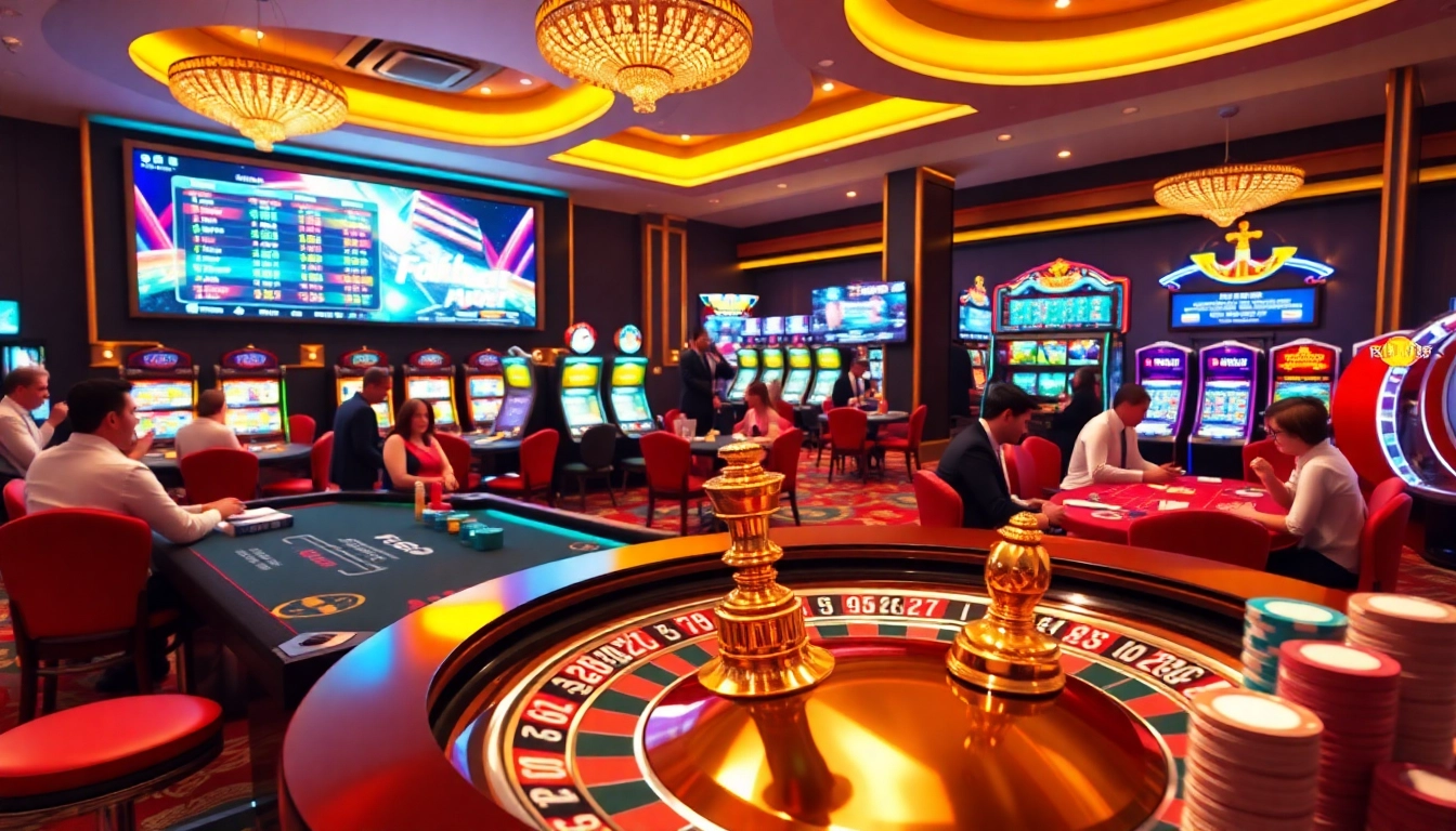 Players engaging with exciting games at F8bet's luxurious casino setting with roulette, poker, and slots.