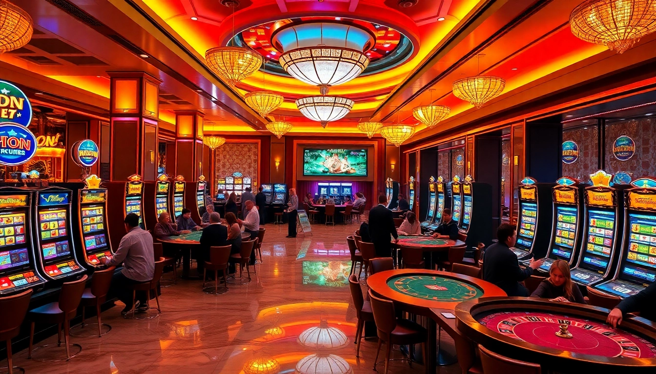 Players enjoying thrilling idnslot machines in a luxurious casino setting.