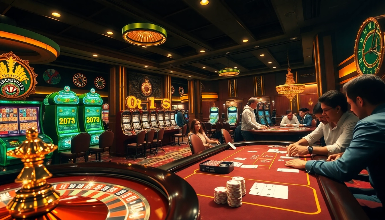 Engaging casino scene showcasing ee88e with vibrant roulette wheel, poker table, and colorful slot machines.