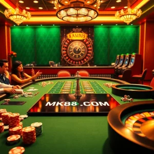 Exciting poker game at MK8.COM with vibrant chips and roulette wheel, showcasing thrilling betting atmosphere.