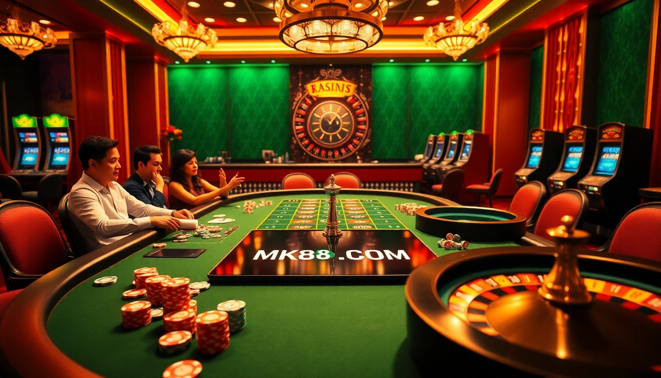Exciting poker game at MK8.COM with vibrant chips and roulette wheel, showcasing thrilling betting atmosphere.