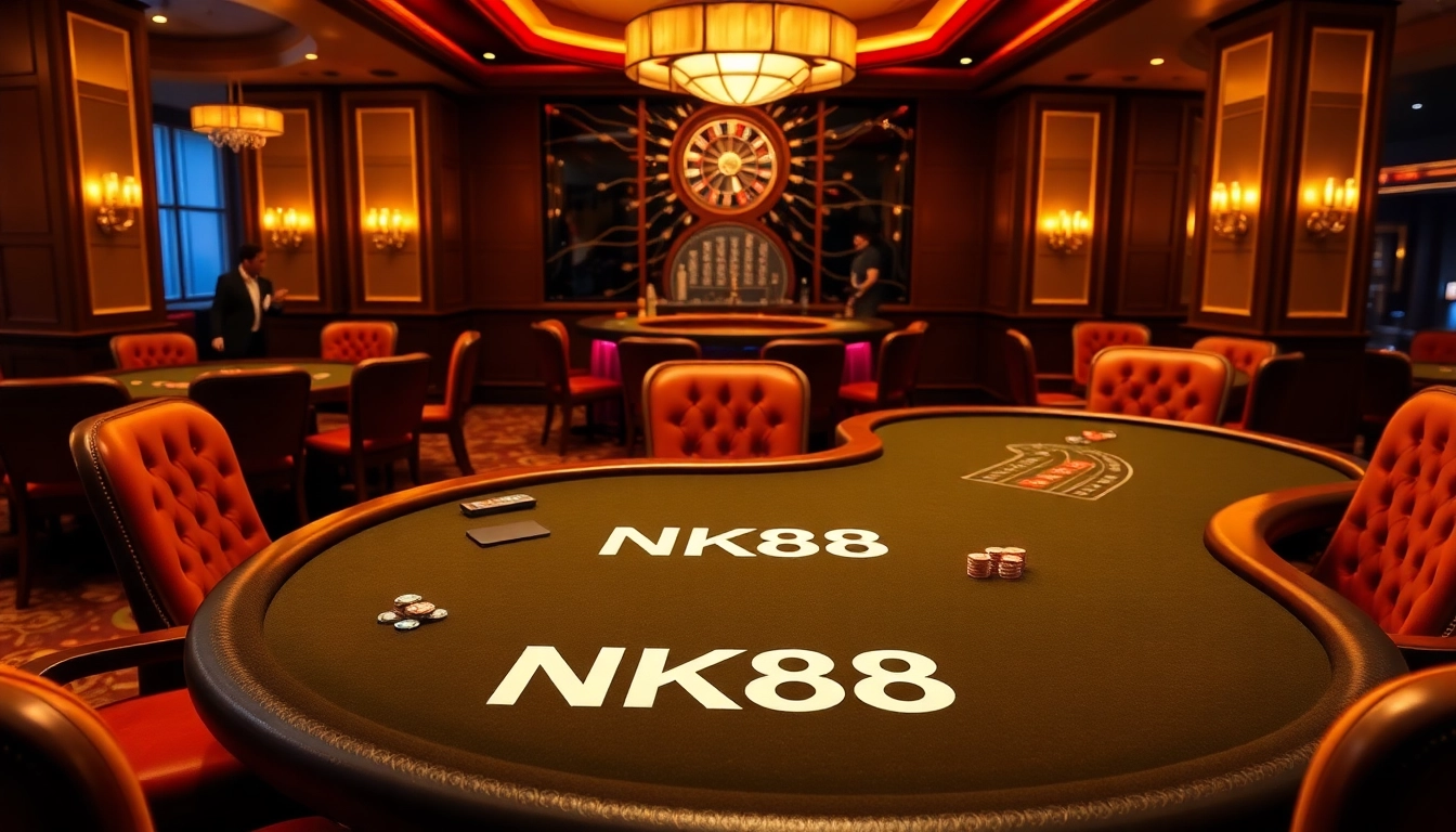 Players enjoying a glamorous casino scene at NK88 with poker chips and roulette wheels.