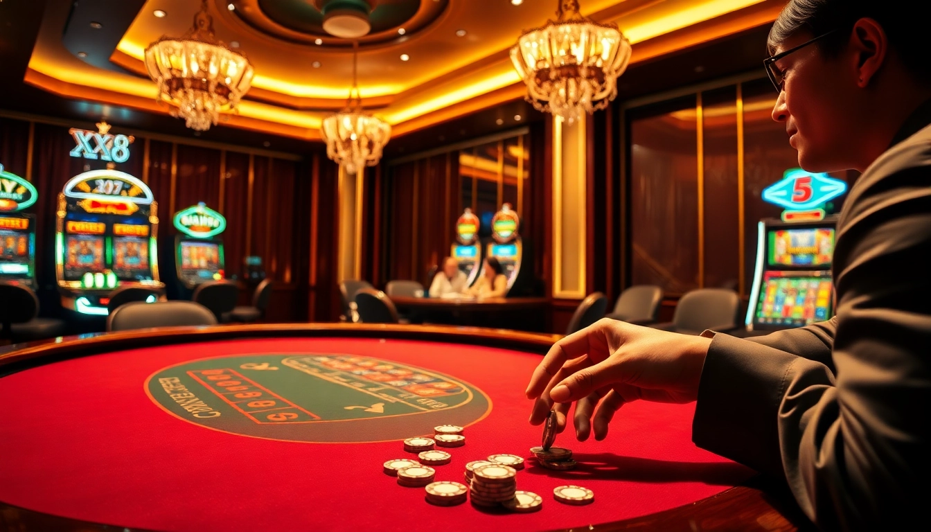 Betting on exciting moments at XX88 casino, highlighting poker tables and roulette wheels.