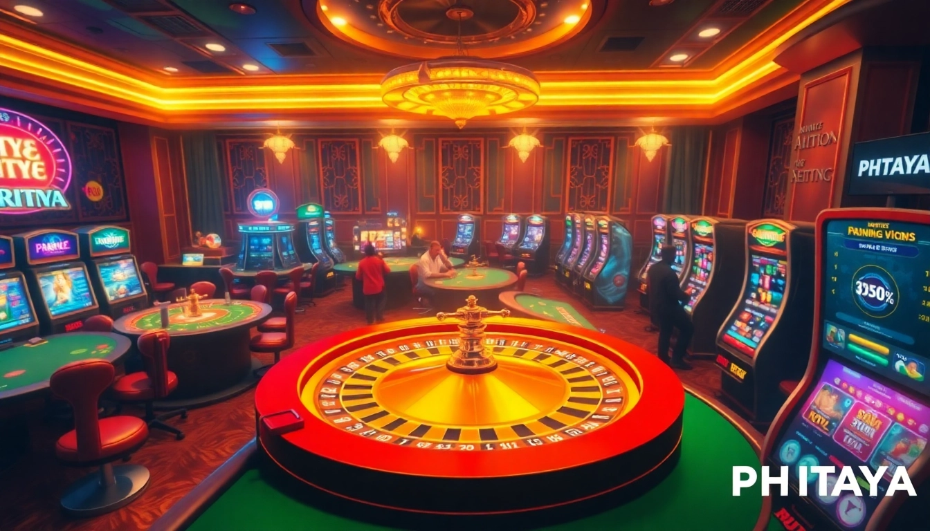 PHTAYA online casino scene featuring roulette, poker tables, and vibrant slot machines.