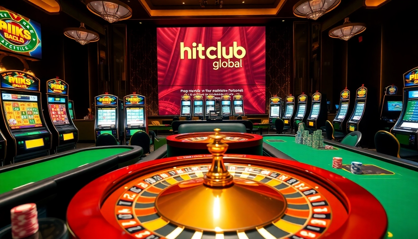 Experience the excitement of hitclub.global with vibrant casino visuals showcasing roulette and poker.