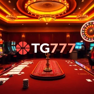 Experience excitement at TG777 Casino with vibrant tables, cards, and slot machines in a luxurious setting.