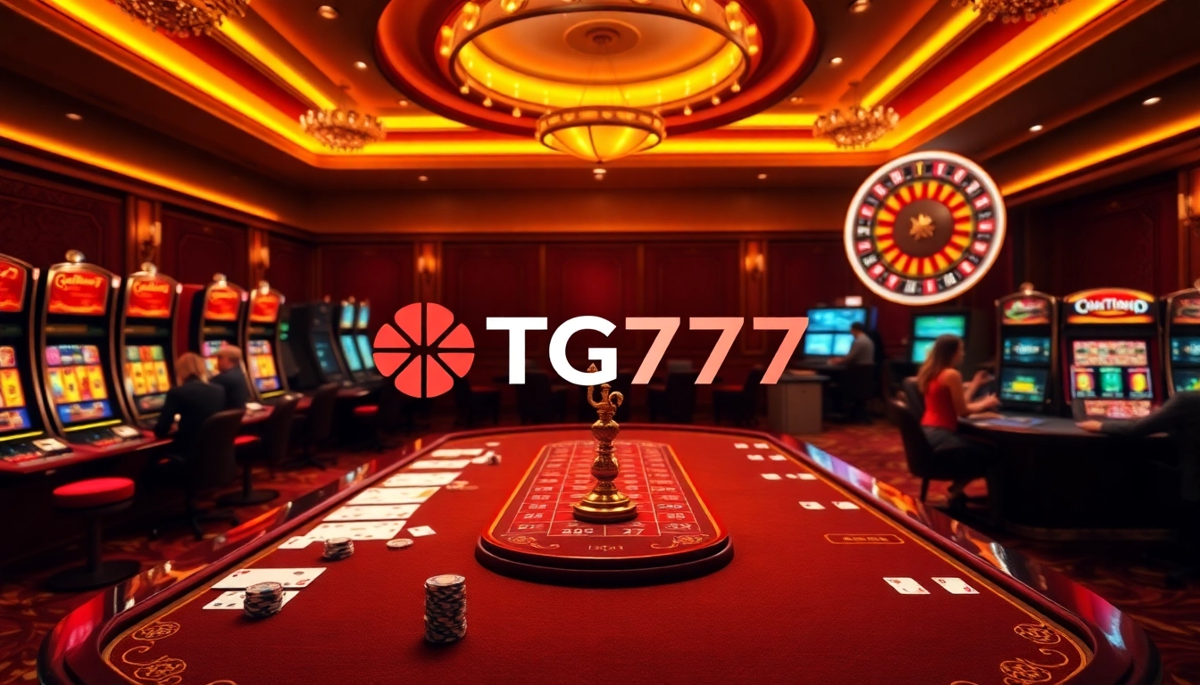 Experience excitement at TG777 Casino with vibrant tables, cards, and slot machines in a luxurious setting.