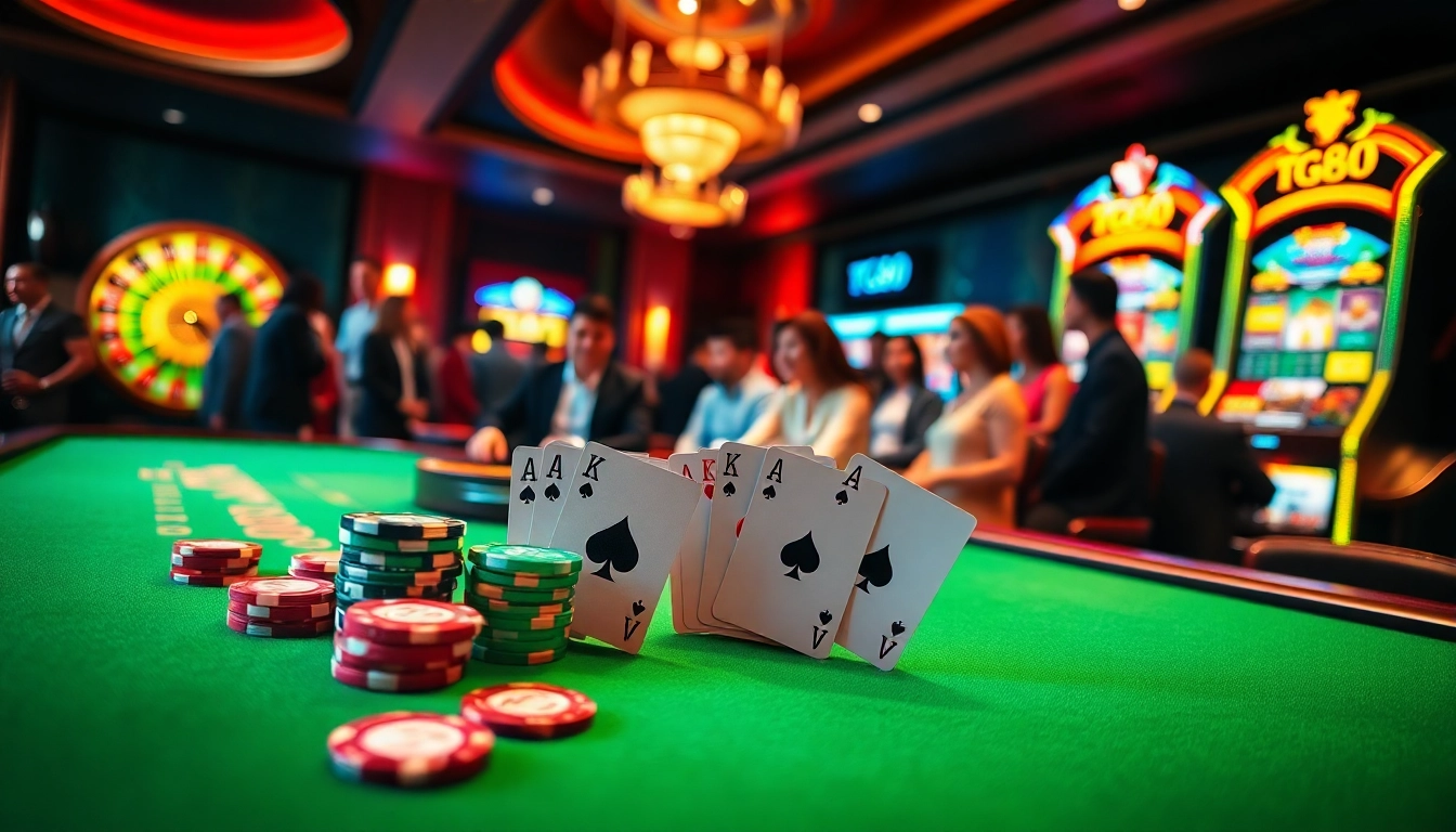 Players enjoying tg88 casino games at an exciting roulette table with vibrant chips and cards.
