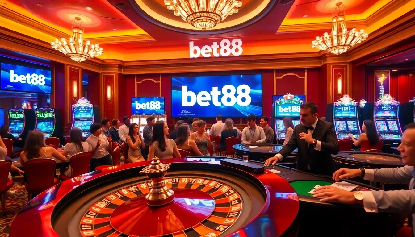 Excited gamblers placing bets at bet88 casino tables with vibrant colors and luxurious decor.