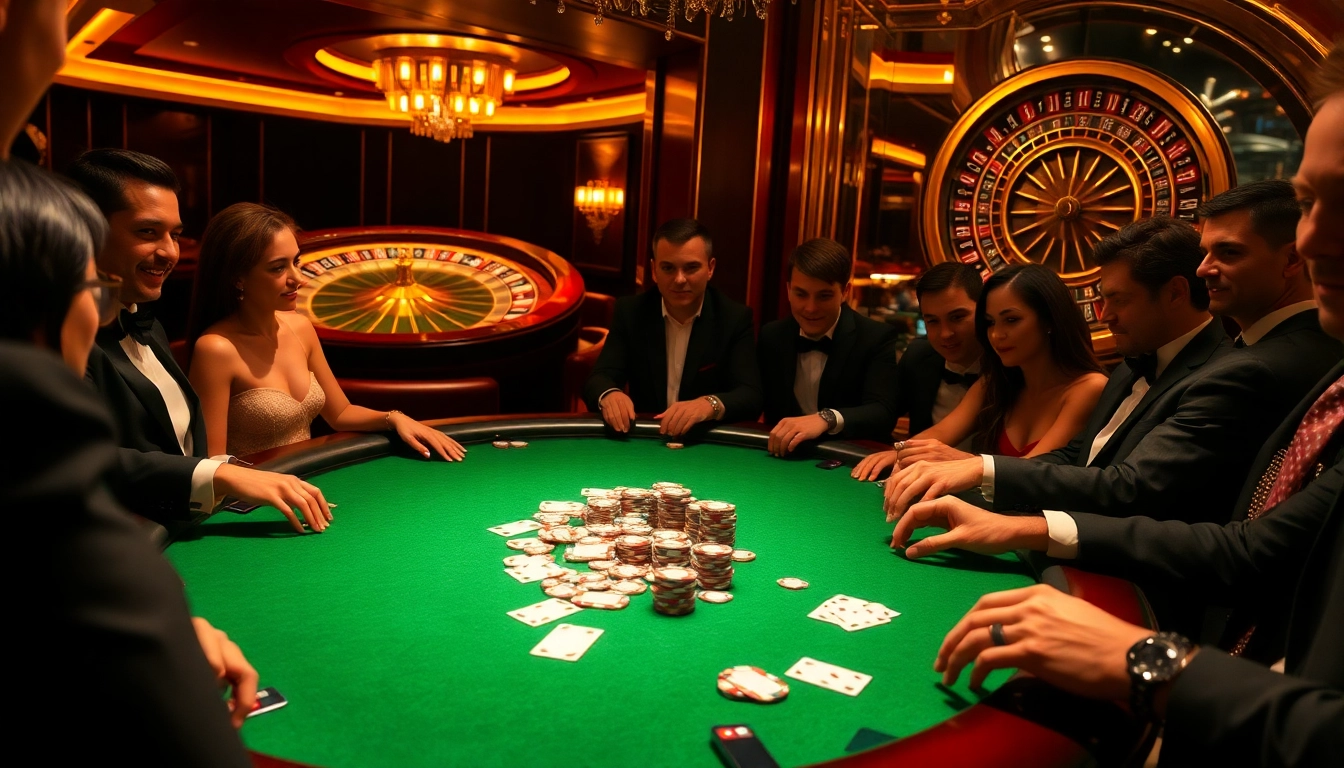 Players engage in high-stakes poker at a luxurious casino table, showcasing the thrill of win55 gaming.