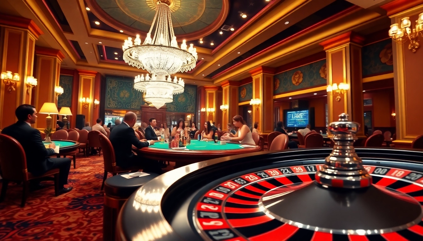 Experience the thrilling world of nhà cái x88 in a vibrant luxury casino, showcasing poker and roulette excitement.