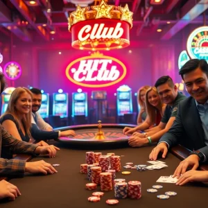 Gamblers celebrating their wins at the Hit Club casino poker table, surrounded by vibrant slot machines.