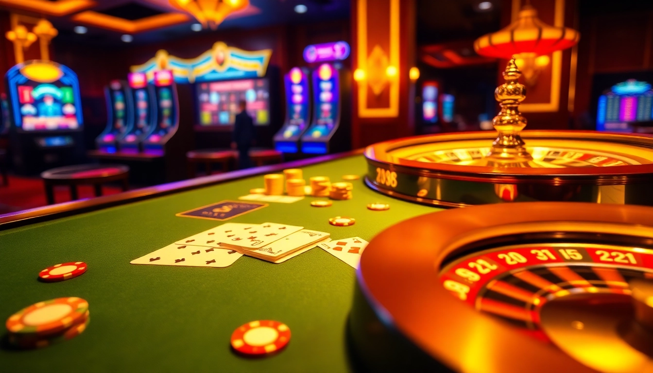Engaging gaming experience at trang chủ hm88 with poker chips and a roulette wheel.