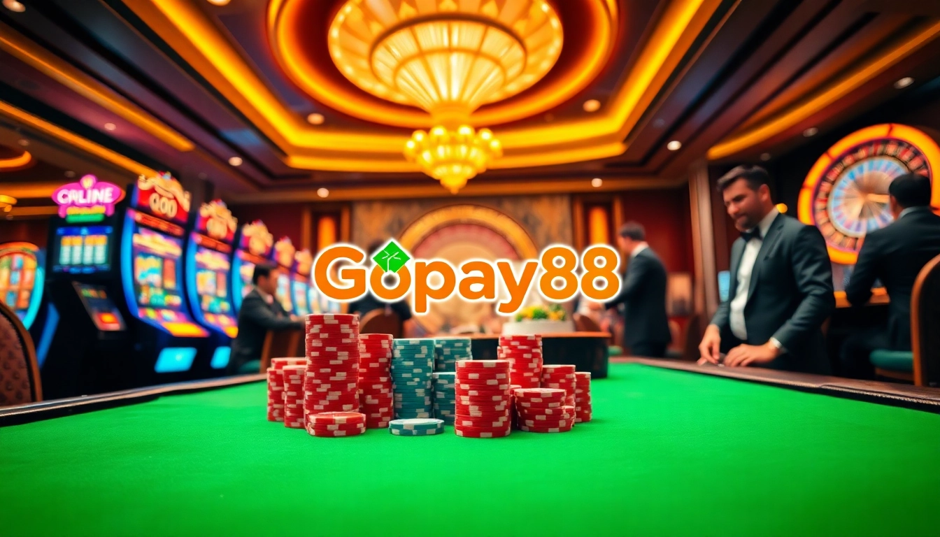 Players enjoying a thrilling game experience with Gopay88 amidst vibrant casino visuals.