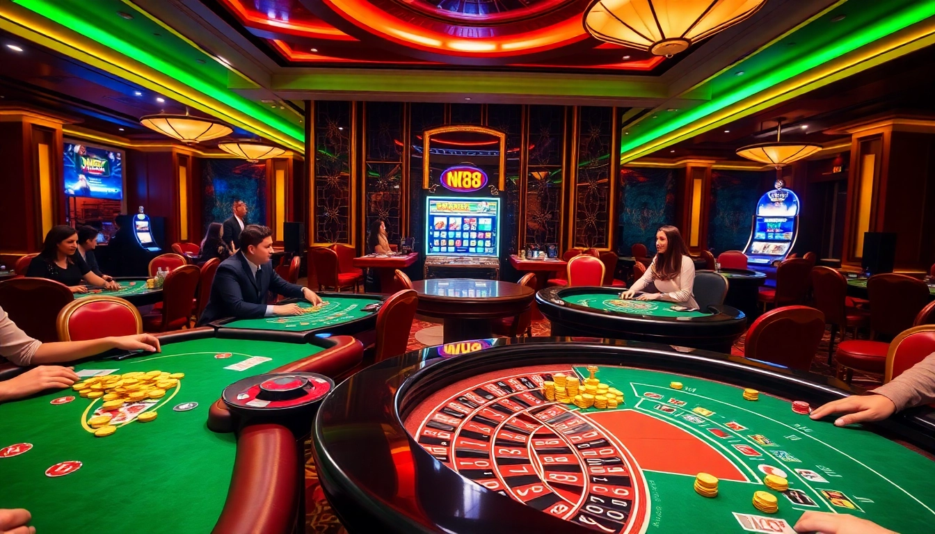 Experience the excitement at NK88 casino with vibrant games, luxury decor, and engaging players.