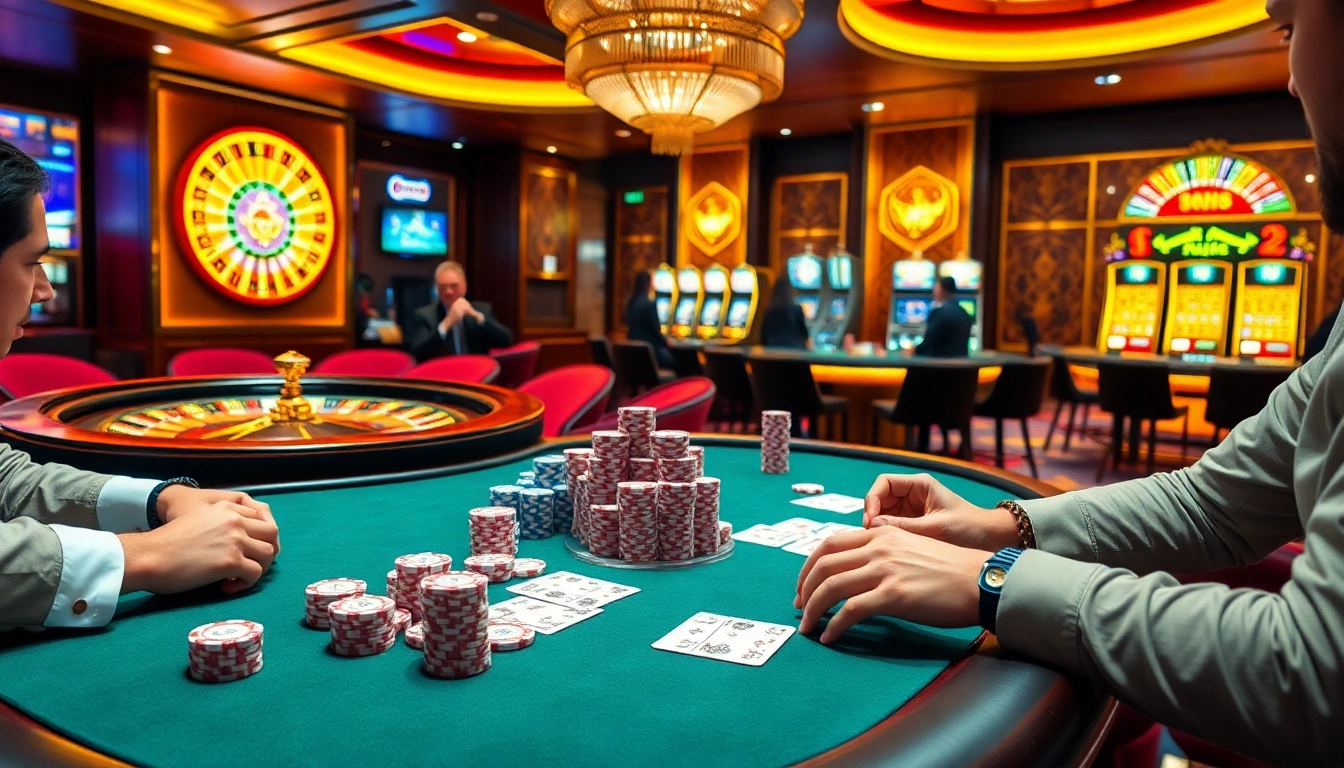 Players engaged in an intense poker game at https://kuwinblog.com/, surrounded by vibrant slot machines and a classic roulette wheel.