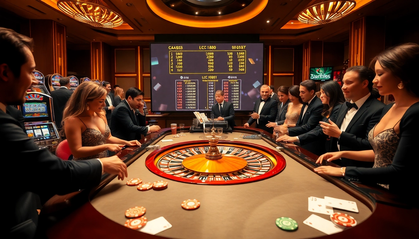 Excited gamblers placing bets at a luxurious LC 88-themed roulette table in a vibrant casino.