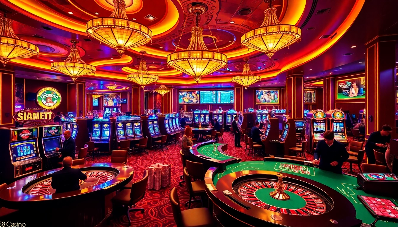 Players enjoying a thrilling game at S8 Casino with vibrant slot machines and roulette tables.