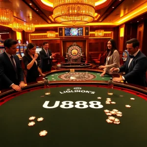 Players enjoy a thrilling game at U888's blackjack table, showcasing luxury and excitement in casino gaming.