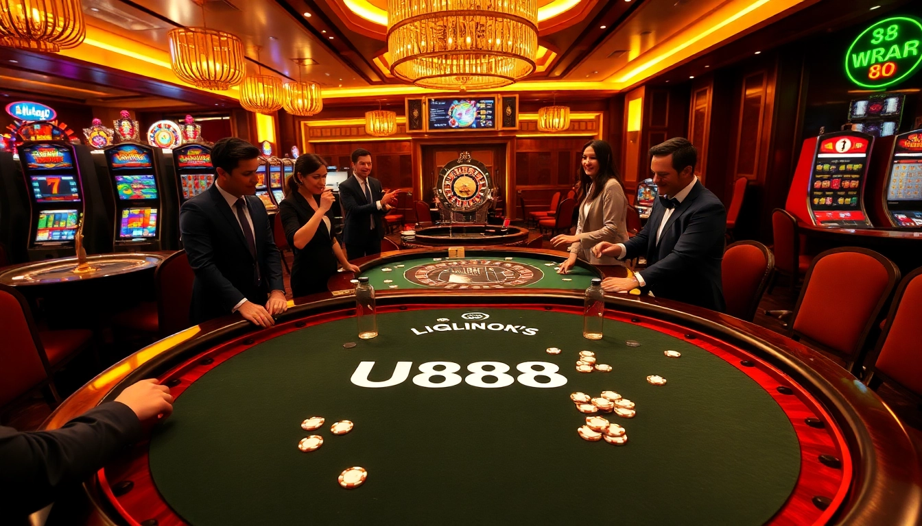 Players enjoy a thrilling game at U888's blackjack table, showcasing luxury and excitement in casino gaming.