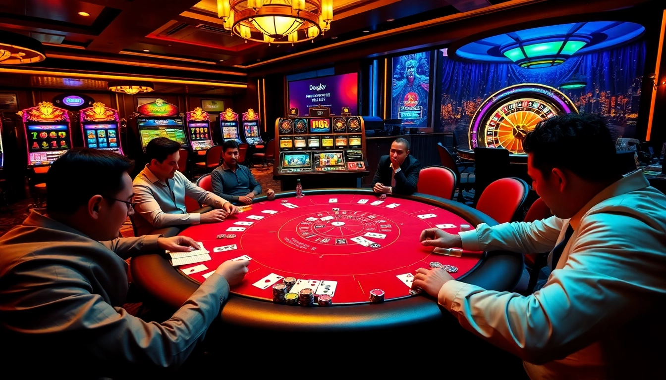Dynamic poker game scene at https://fun793.org/ with players, chips, cards, and roulette wheel.
