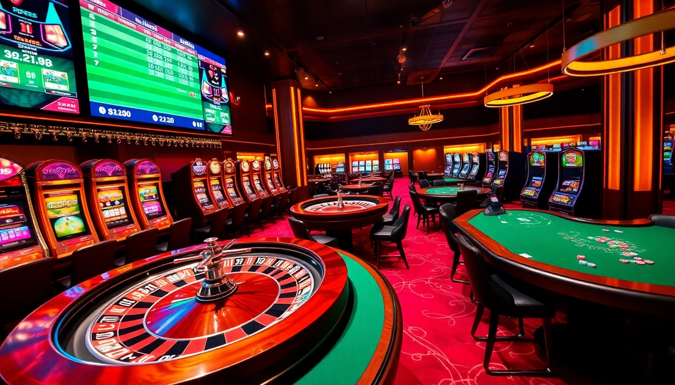 Exciting gambling scene at Man88 casino with roulette wheel and vibrant slot machines