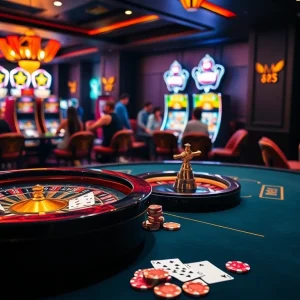MM88 casino scene with vibrant poker chips and a roulette wheel for an exciting gambling experience.