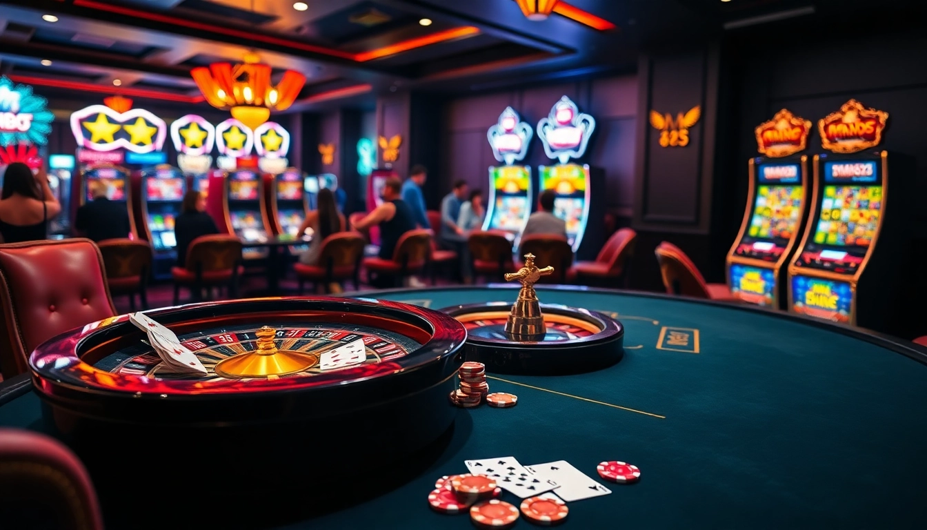 MM88 casino scene with vibrant poker chips and a roulette wheel for an exciting gambling experience.