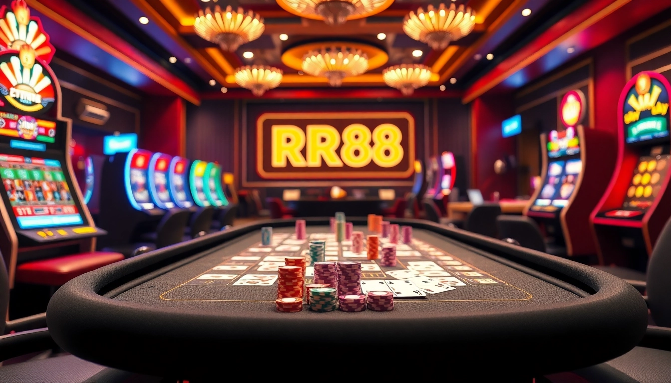 Experience the thrill of RR88 at an elite casino table with vibrant slot machines and poker chips.