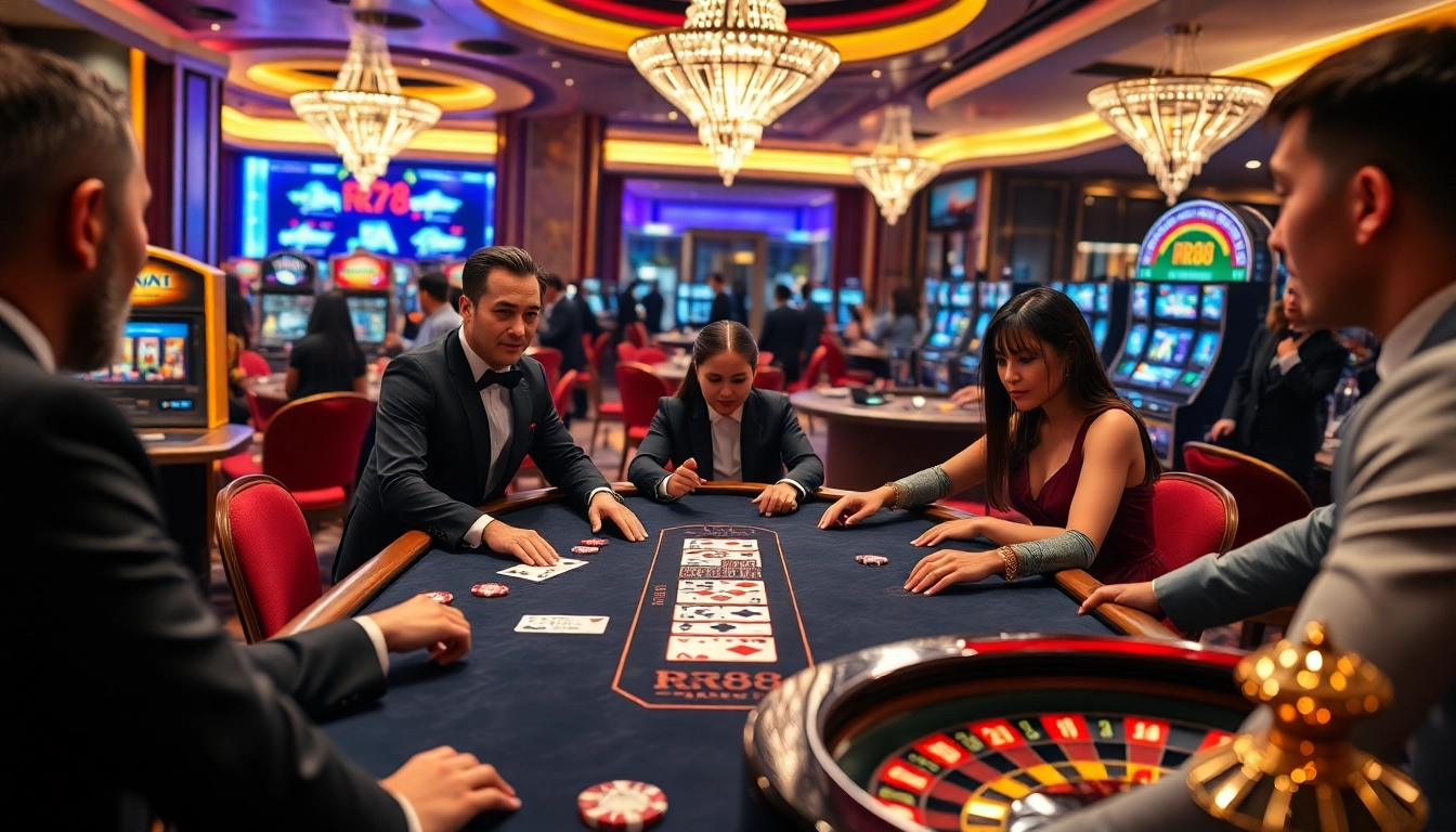 Experience the thrill of RR88 with professional poker players at an upscale casino table.