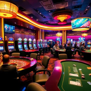 Players enjoy thrilling games at MK8's upscale casino tables with vibrant lights.