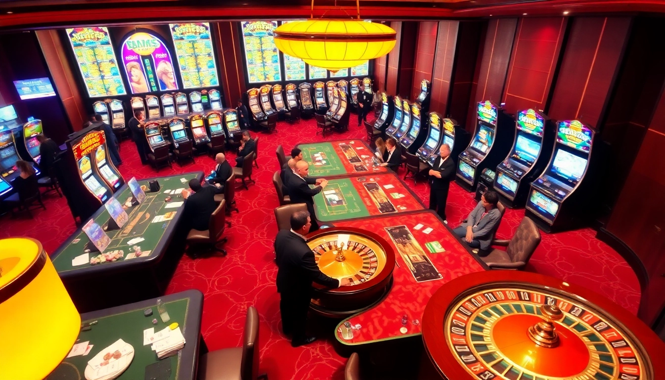 Players enjoying a thrilling casino experience with situs apiraja88 at luxurious tables and vibrant slot machines.