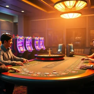 Engaged players at an okwin game table in a luxury casino setting, capturing high-stakes excitement.