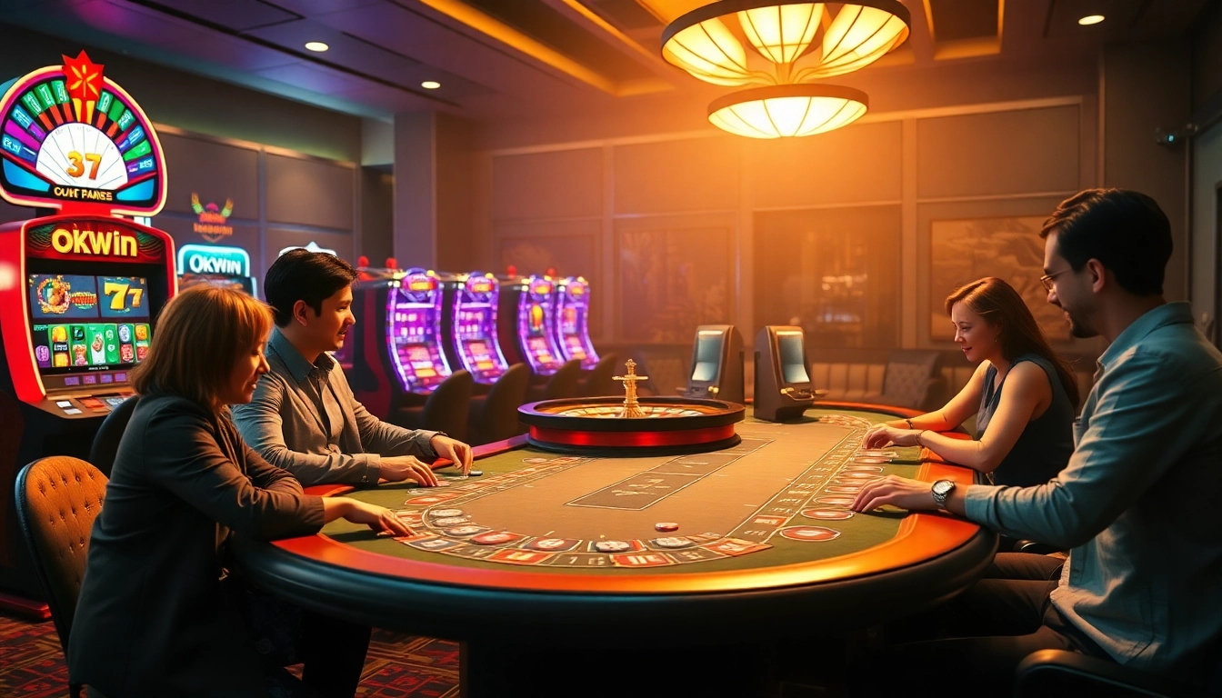 Engaged players at an okwin game table in a luxury casino setting, capturing high-stakes excitement.